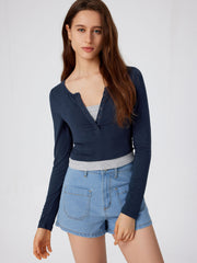Jersey V-neck Two Layers Solid Long Sleeve Tee