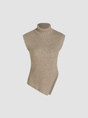 Wool-blend Knit High Neck Solid Asymmetrical Vest