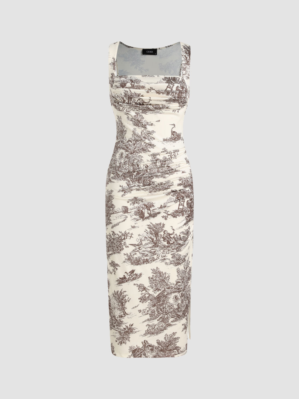 Toile de Jouy Ruched Split Maxi Dress
