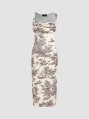 Toile de Jouy Ruched Split Maxi Dress