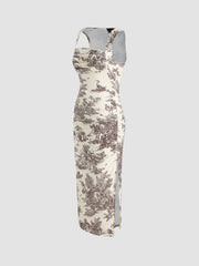 Toile de Jouy Ruched Split Maxi Dress