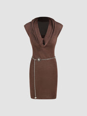 Knit Multi-way Solid Cowl Neck Mini Dress With Sun Decor Waist Chain