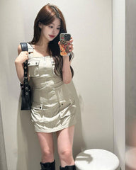 Solid Cargo Zip Up Mini Dress