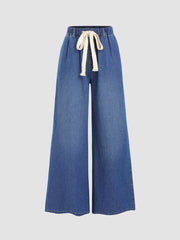 Leslie Denim High Waist Solid Tie Front Wide Leg Trousers