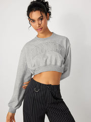 Terry Round Neckline Graphic Crop Sweatshirt