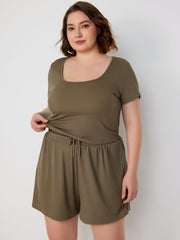 Rib U-neckline Short Sleeve Crop Top & Lace Up Wide Leg Shorts Curve & Plus