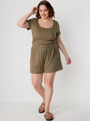 Rib U-neckline Short Sleeve Crop Top & Lace Up Wide Leg Shorts Curve & Plus