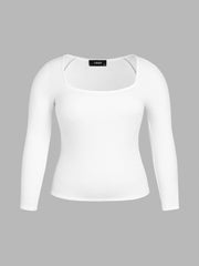 Square Neck Solid Long Sleeve Tee Curve & Plus