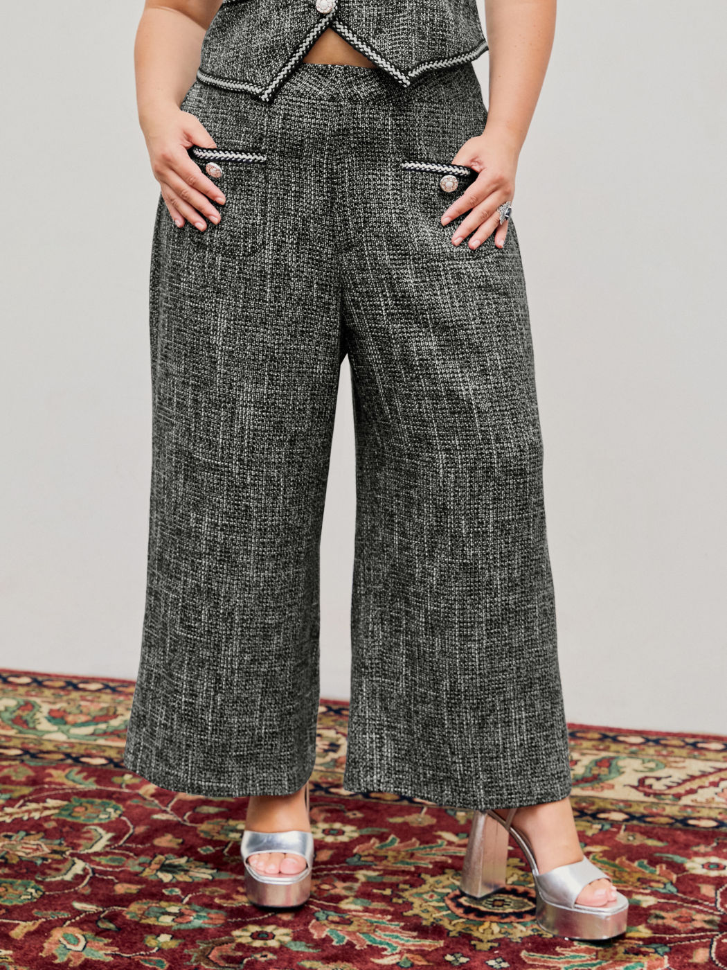 Tweed Mid Waist Solid Button Wide Leg Trousers Curve & Plus