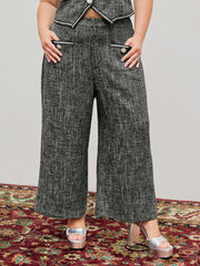 Tweed Mid Waist Solid Button Wide Leg Trousers Curve & Plus