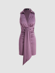 Collar V Neck Ruched Mini Dress