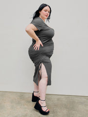 Square Neck Ruched Drawstring Split Midi Dress Curve & Plus