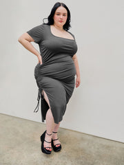 Square Neck Ruched Drawstring Split Midi Dress Curve & Plus