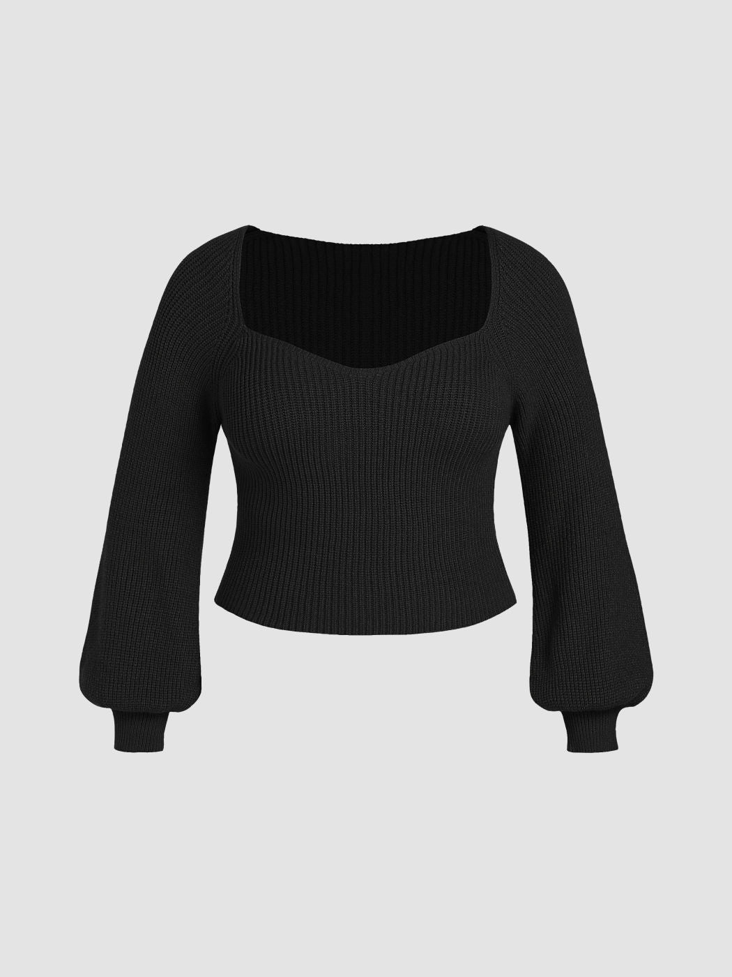 Knit V-neck Solid Lantern Sleeve Top Curve & Plus