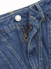 Denim Mid Waist Solid Patched Mini Skirt