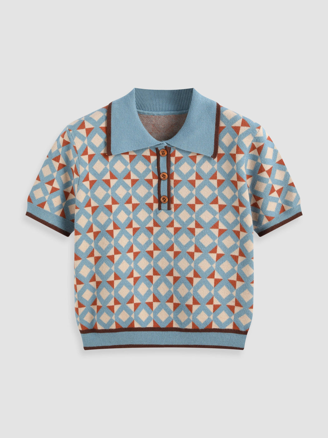 Knit Collar Geometric Button Short Sleeve Top
