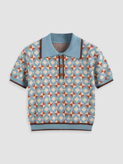 Knit Collar Geometric Button Short Sleeve Top