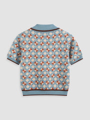 Knit Collar Geometric Button Short Sleeve Top