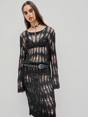 Knit Round Neckline Solid Hollow Out Dress