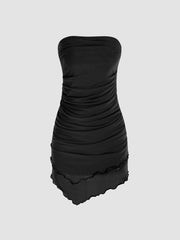Solid Knit Fabric Ruffle Ruched Tube Mini Dress