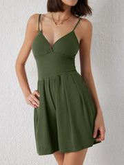 Solid V Neck Wide Leg Romper