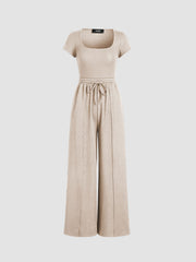 U-neckline Bodysuit & Elastic Waist Wide Leg Pants Set
