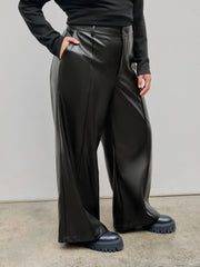 Faux Leather Solid High Waist  Wide Leg Trousers Curve & Plus