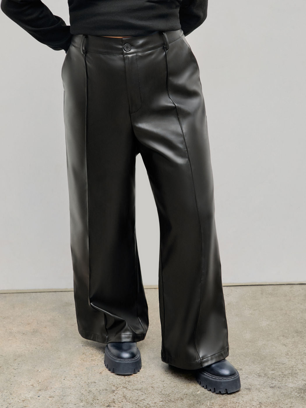 Faux Leather Solid High Waist  Wide Leg Trousers Curve & Plus