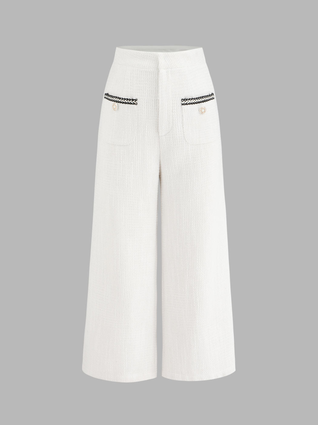 Tweed Mid Waist Solid Button Wide Leg Cropped Trousers