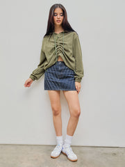 Denim Mid Waist Solid Patched Mini Skirt
