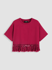 Solid Round Neckline Tassel Short Sleeve Top