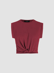 Solid Round Neckline Twist Short Sleeve Crop Top