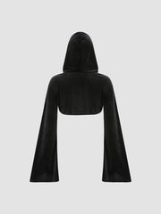 Velvet Hooded Solid Knotted Long Sleeve Crop Top