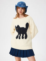 Wool-blend Round Neckline Cat Knitted Long Sleeve Sweater