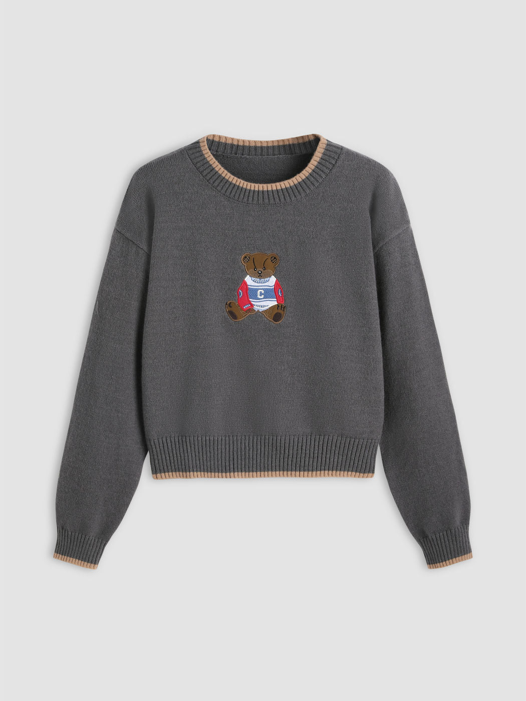 Round Neckline Graphic Bear Long Sleeve Sweater