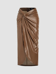 Faux Leather High Waist Twist Split Maxi Skirt
