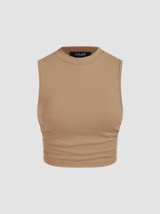 Round Neckline Solid Sleeveless Ruched Crop Top