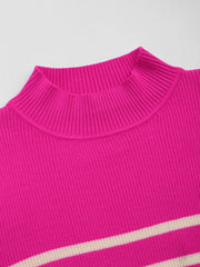 High Neck Striped Knitted Long Sleeve Top Curve & Plus