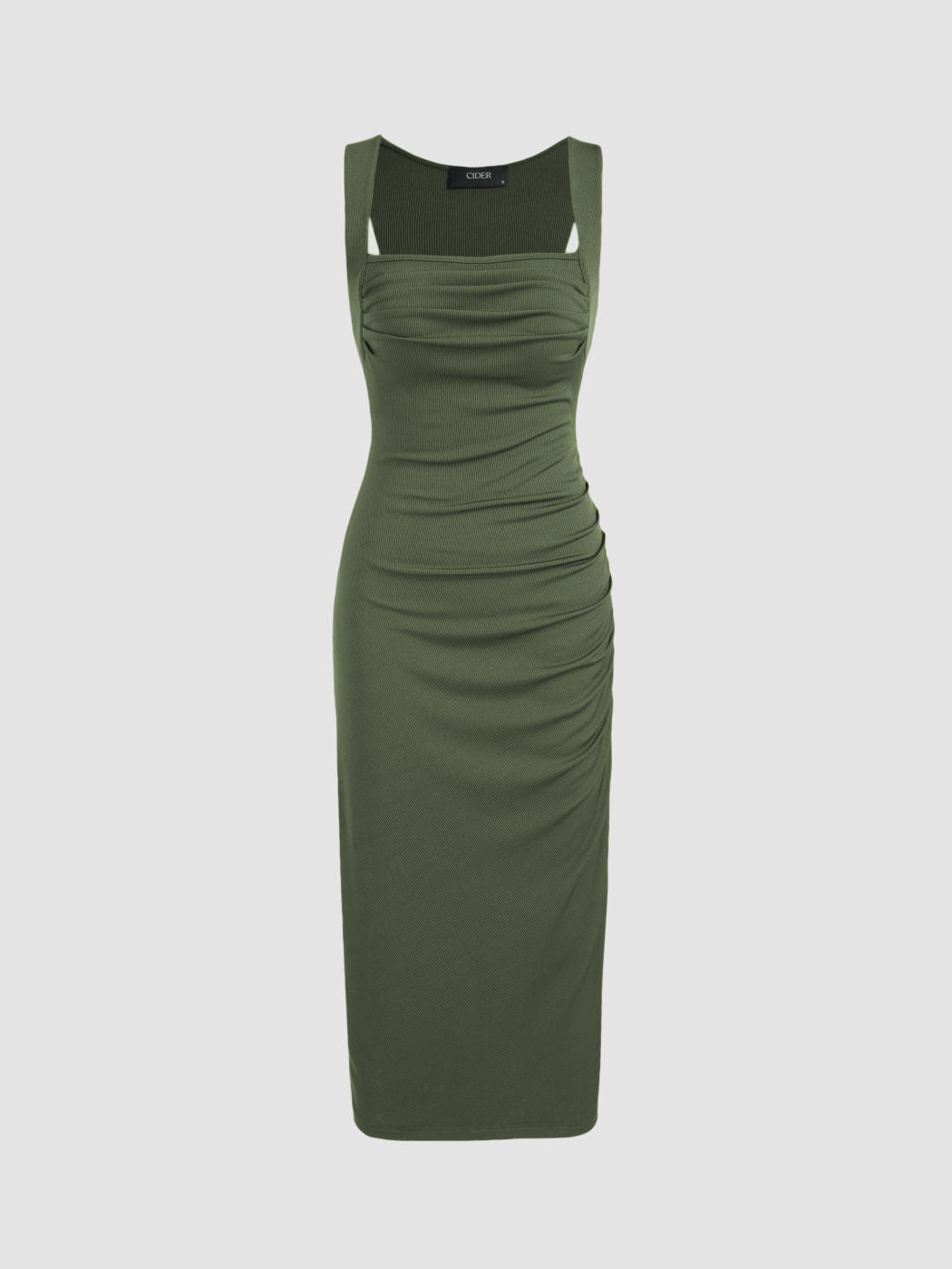 Square Neck Ruched Sleeveless Midi Dress