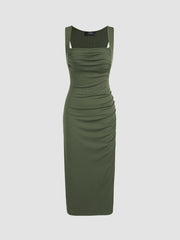 Square Neck Ruched Sleeveless Midi Dress