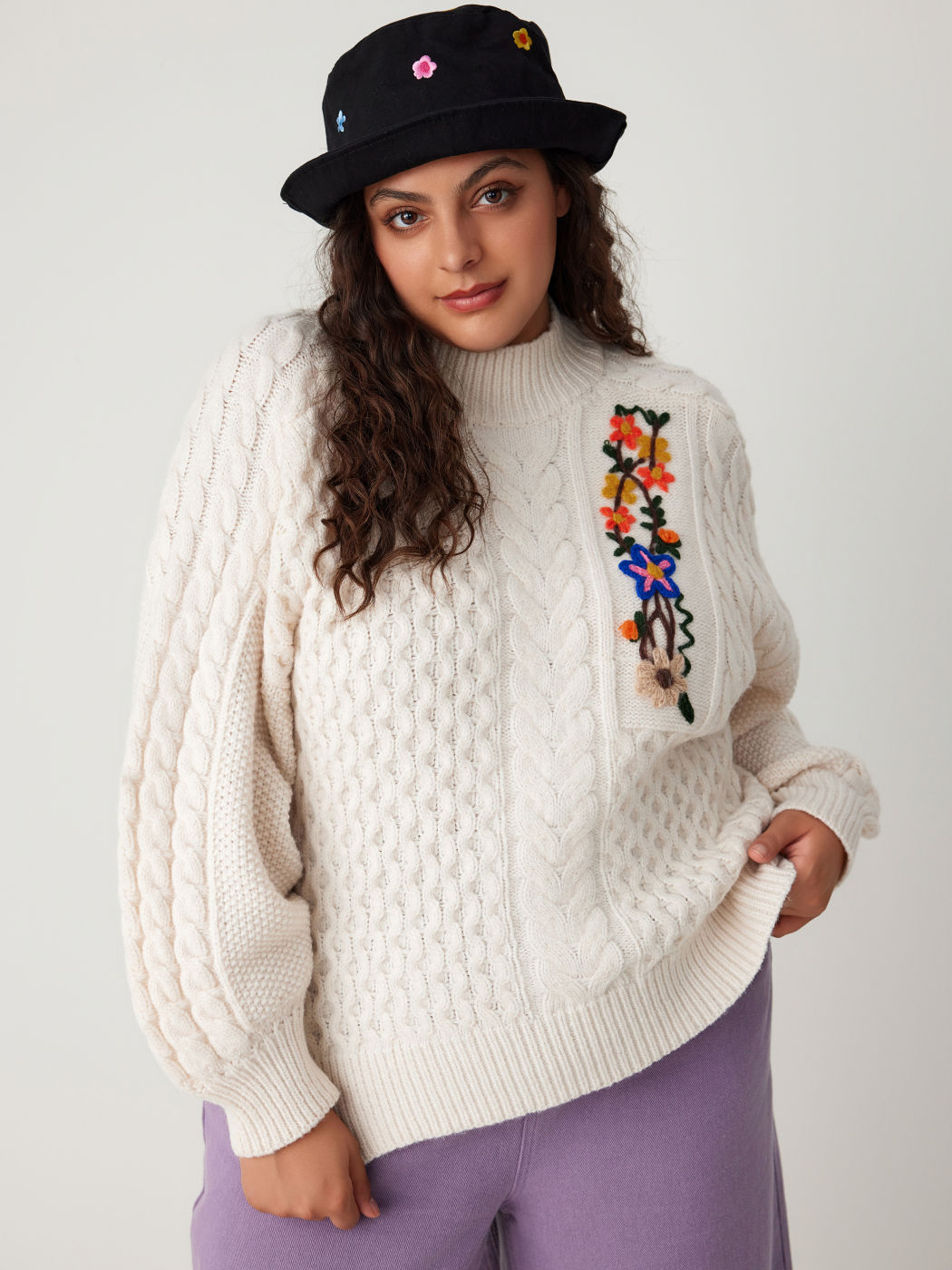 Knit Stand Collar 3D Flower Long Sleeve Sweater Curve & Plus