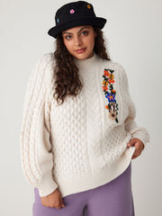 Knit Stand Collar 3D Flower Long Sleeve Sweater Curve & Plus