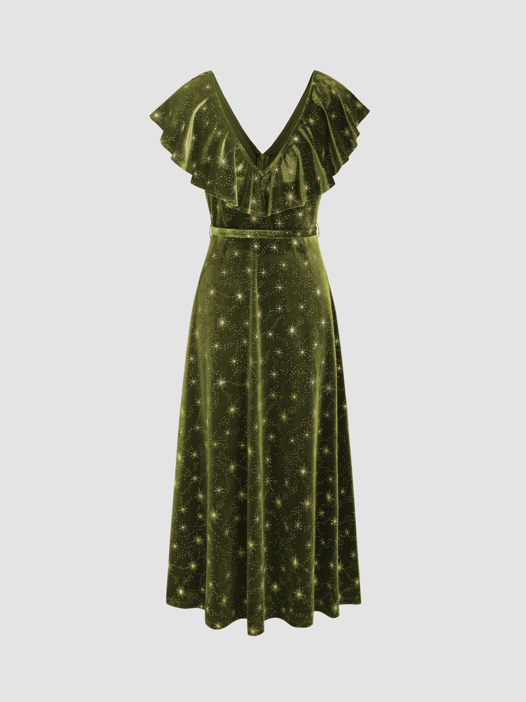 Velvet V-neck Star Ruffle Tie Back Midi Dress