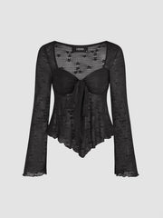 Lace Square Neck Knotted Long Sleeve Top
