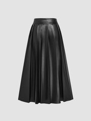 Faux Leather Middle Waist Pleated Zipper Maxi Skirt