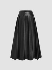 Faux Leather Middle Waist Pleated Zipper Maxi Skirt