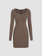 U-neckline Solid Zipper Mini Dress