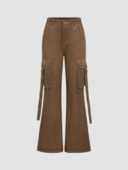 Cargo Stretch Mid Waist Solid Button Flared Jeans