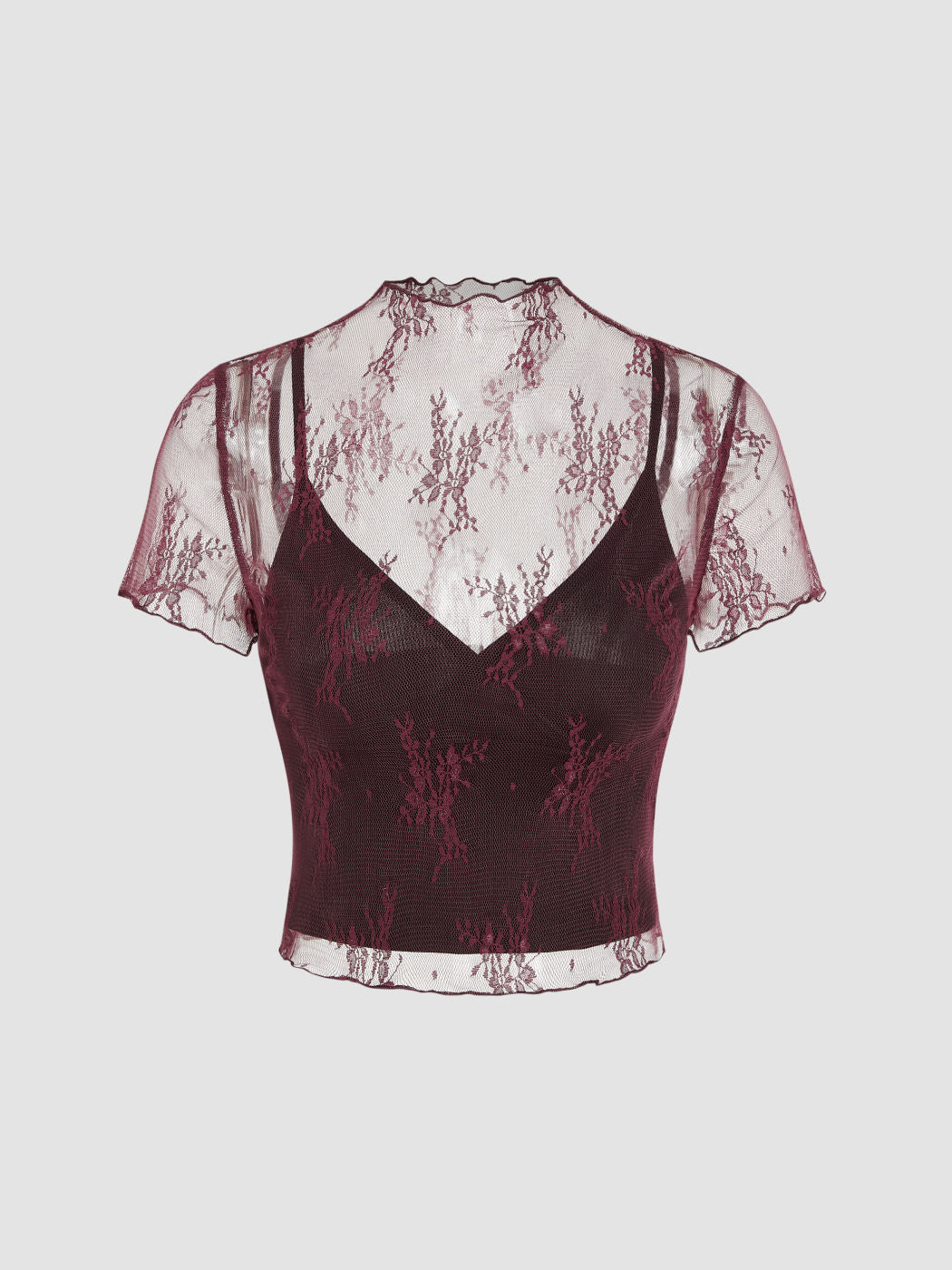 High Neck Lace Floral Top & Solid Crop Cami Top Set