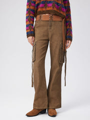 Cargo Stretch Mid Waist Solid Button Flared Jeans